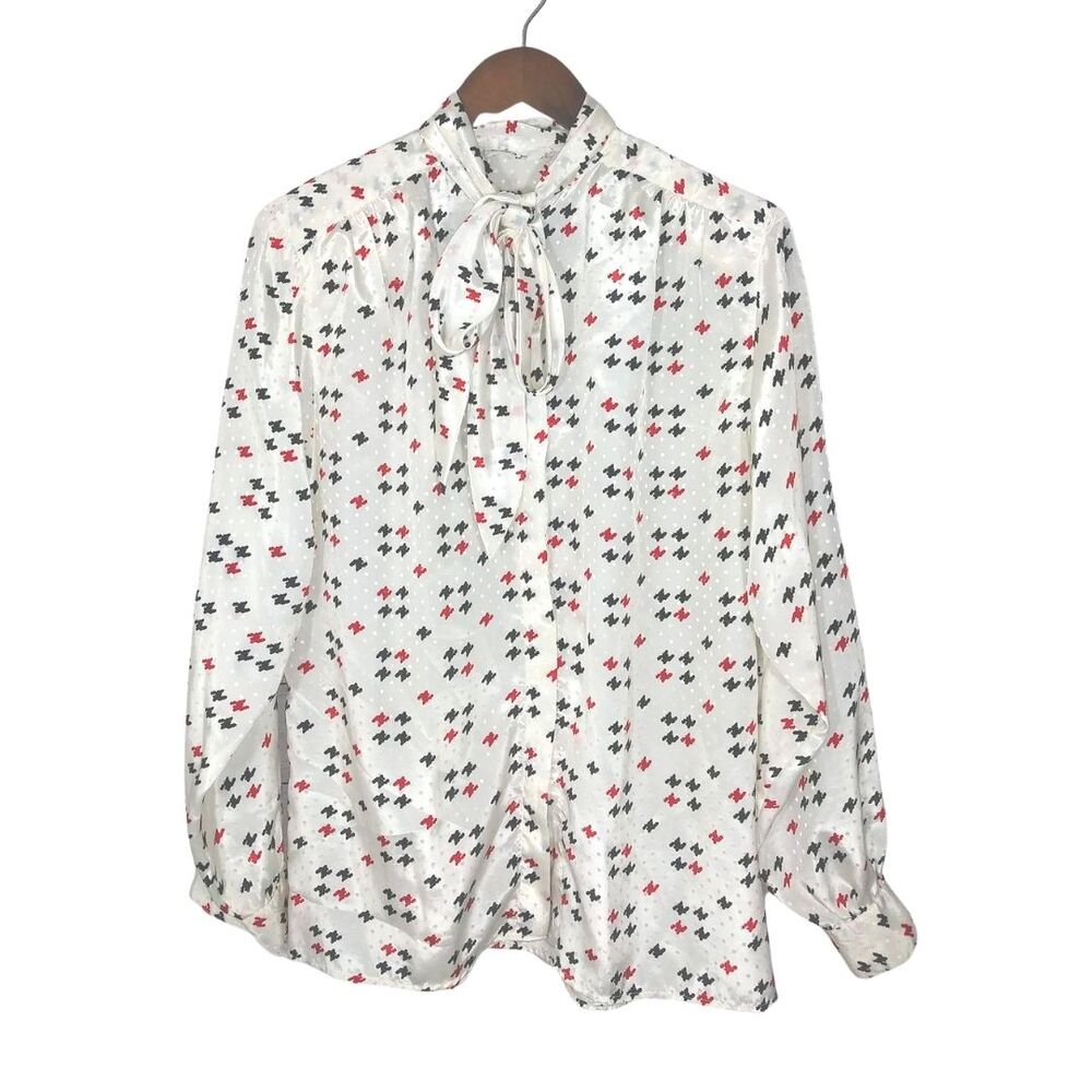 Vintage Alfred Dunner Ivory Polka Dot Houndstooth Print Bow Blouse Medium - Picture 6 of 6
